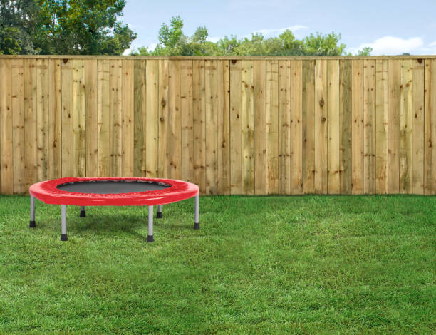 istock Mini trampoline in an empty backyard with green grass and wood fence 2157442139