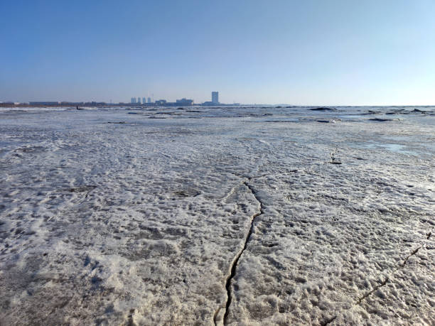 View of frozen Bohai sea, Liadong bay, Yingkou City, Liaoning, China.
