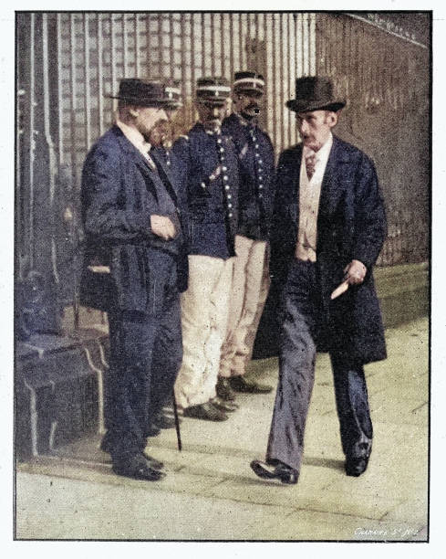 istock French history,  Man walking down street, passed military officer, Affair Dreyfus affair. The Rennes trial (Ille-et-Vilaine). M. Cavaignac. 1899 2157442730