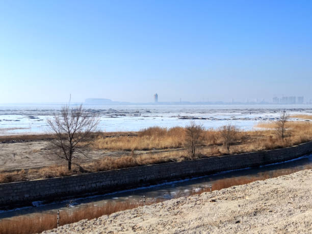 View of frozen Bohai sea, Liadong bay, Yingkou City, Liaoning, China.