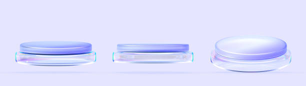 istock Glass transparent round stand podium 3d render icon set. Hologram iridescent crystal pedestal for product display. Abstract circle platform, stage mockup isolated on blue background 2157445068
