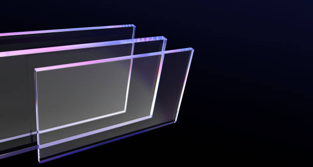 3d abstract neon light glass rectangle plates on dark black background. Iridescent transparent holographic gradient panels of acrylic, plastic or plexiglass, technology design render