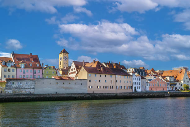 View of Regensburg  historic center from Danube river, Germany