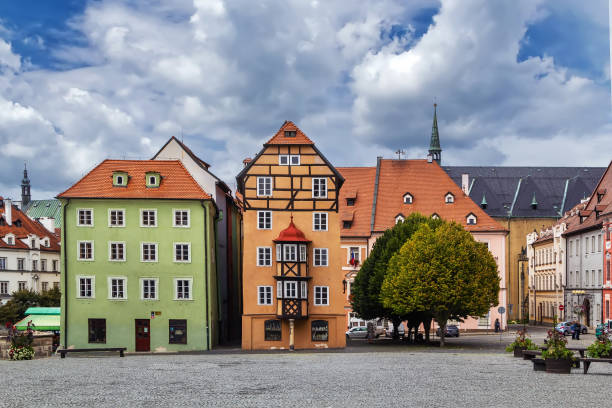 Hradec Kralove, Czech RepublicC - March 2 2022: Picture of the main square and gothic cathedral of the Holy Spirit in Hradec Kralove city. Shot on iPhone whilst adventuring throughout the city.
