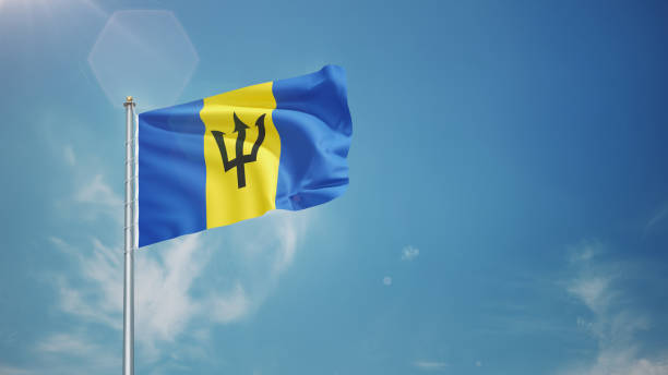 3d Render Barbados Waving in the Wind in Blue Sky, Concepts of Democracy and International Relations