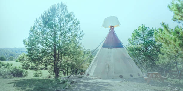 istock Tipi, Tee Pee, or Tepee in the pine tree forest meadow on a bright sunny day 2157454655