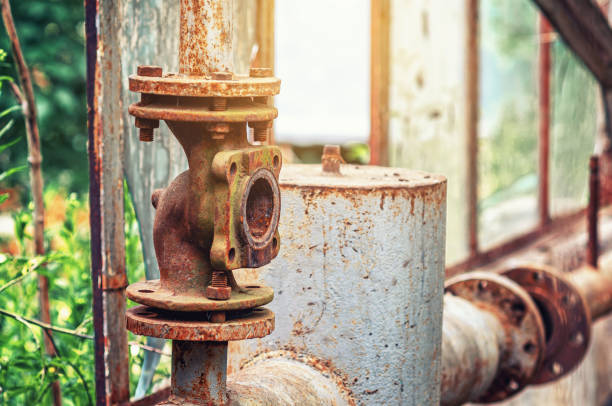 istock Rusty metal pipe, old water faucet in abandoned building 2157456332