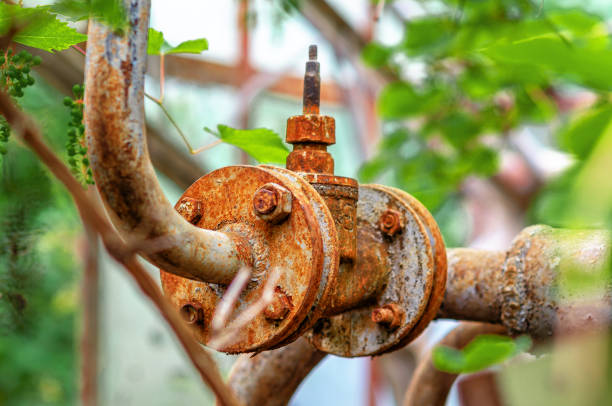 Rusty metal pipe, old water faucet in an abandoned building