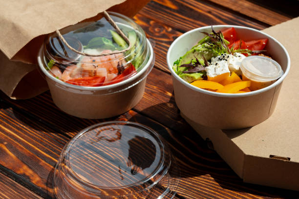 istock Take out poke bowl on wooden background 2157460904