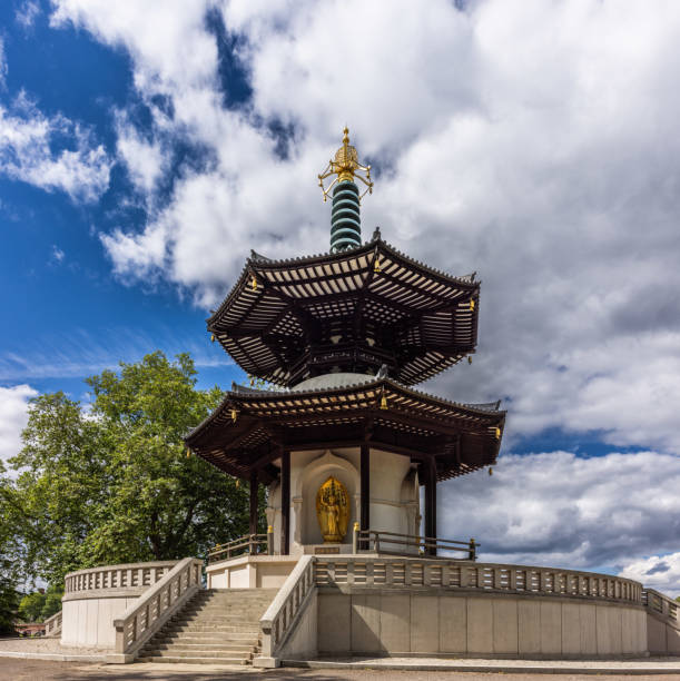 Elaborate Buddhist shrine adorned with golden Buddha statues, fresh lotus flowers, incense, and traditional offerings in a sacred temple space.