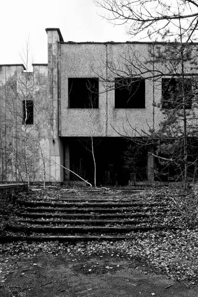 istock An abandoned structure with mossy stairs and bare trees around it. 2157467306