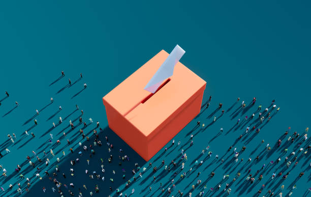 People Waiting Before An Orange Colored Ballot Box On Blue Background