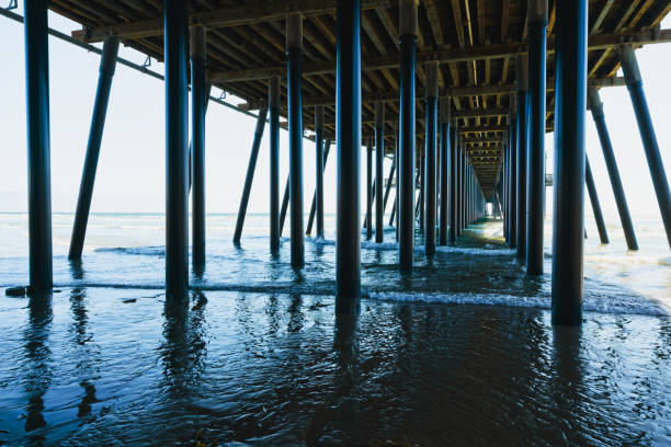 Under the pier. A long wooden pier, and ocean waves, a dramatic scene, California Central Coast