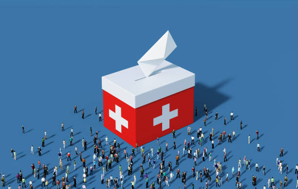 istock Ballot Box Textured With Swiss Flag Surrounded By Human Crowd On Blue Background 2157474465
