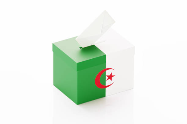 Ballot box textured with Algerian flag on white background. Horizontal composition with clipping path. Election concept.