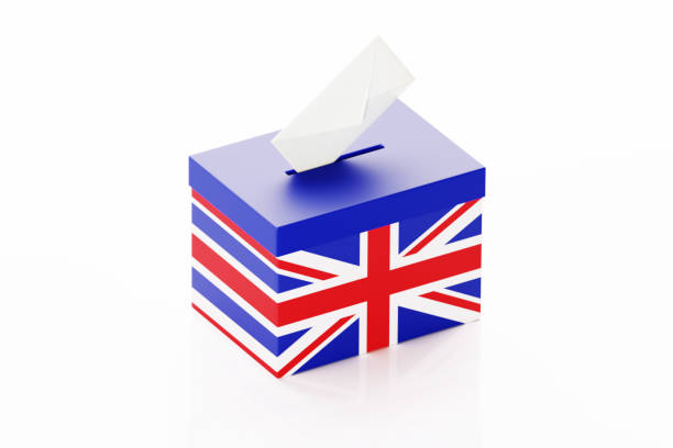 Ballot box textured with British flag on white background. Horizontal composition with clipping path. Election concept.