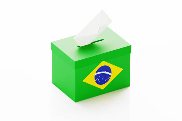 Ballot box textured with Brazilian flag on white background. Horizontal composition with clipping path. Election concept.