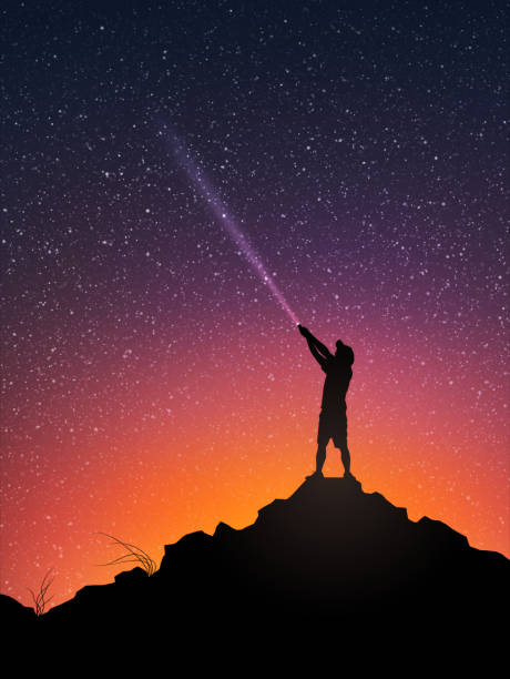 Man with flashlight on rock Hiking at night. Light beam in starry sky man flashlight night stock illustrations