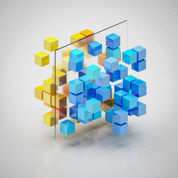 istock Data Analysis, Big data concept. Cubes in shades of blue and yellow arranged in 3d space on checkered background. Slicing and dicing data concept: A frosted glass between the yellow and blue cubes 2157478764