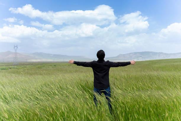 The man walking in the wheat field. Success and struggle.