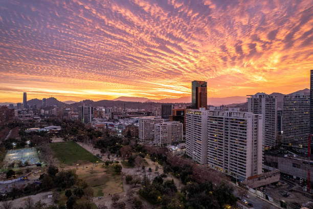 Aerial view of Santiago de Chile under a beautiful sky at sunset