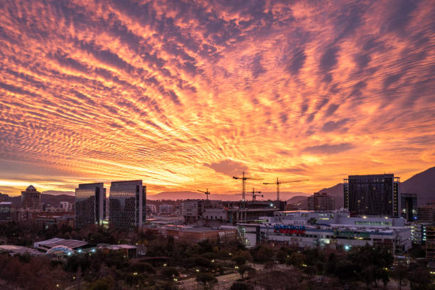 Aerial view of Santiago de Chile under a beautiful sky at sunset