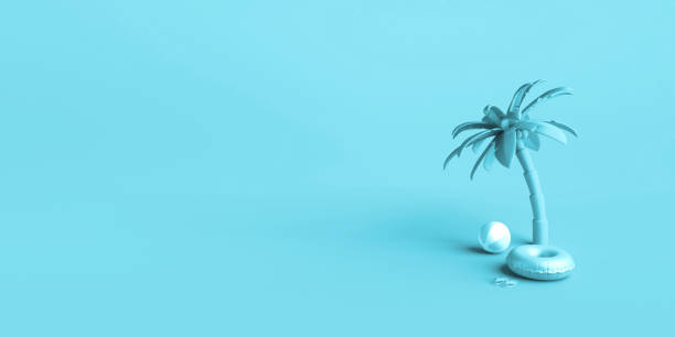 istock Summer vacation concept with inflatable beach toy, beach ball and palm tree. Copy space. 3D Illustration. 2157485061
