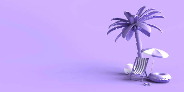 istock Summer vacation concept with umbrella, beach chair, flip flops, palm tree and inflatable beach toy. Copy space. 3D illustration. 2157485070