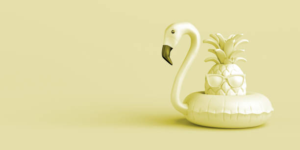 istock Summer concept with pineapple with sunglasses and inflatable flamingo float. Copy space. 3D illustration. 2157485100