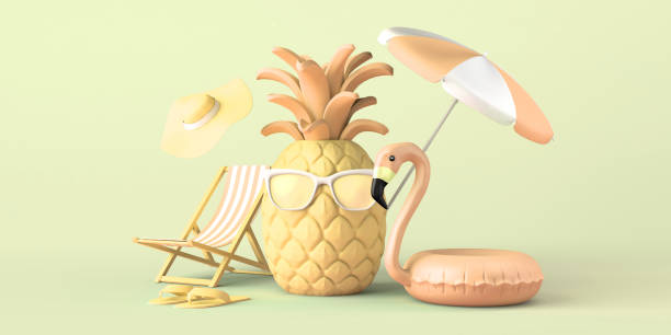 istock Summer vacation concept with pineapple with sunglasses beach accessories. Copy space. 3D illustration. 2157485104