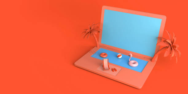 istock Summer vacation concept with laptop and pool. Online vacation booking. Copy space. 3D illustration. 2157485105