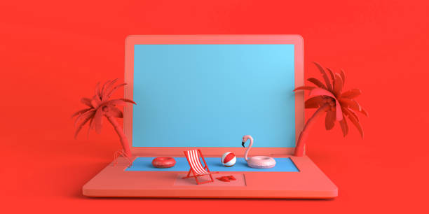 istock Summer vacation concept with laptop and pool. Online vacation booking. Copy space. 3D illustration. 2157485106