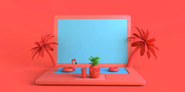 istock Summer vacation concept with laptop and pool. Online vacation booking. Copy space. 3D illustration. 2157485112