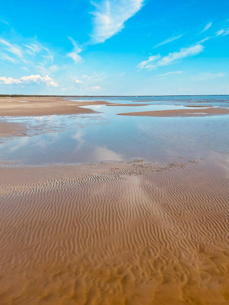 istock A scenic view of a sandy beach with a receding tide and a clear blue sky. 2157488681