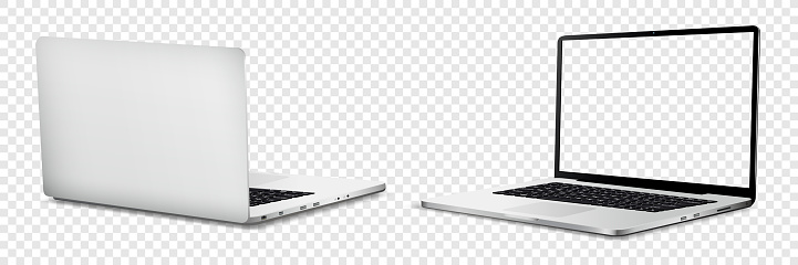 Simple Computer Facing Left Laptop Front And Back Side Mockup With Transparent Screen On ...