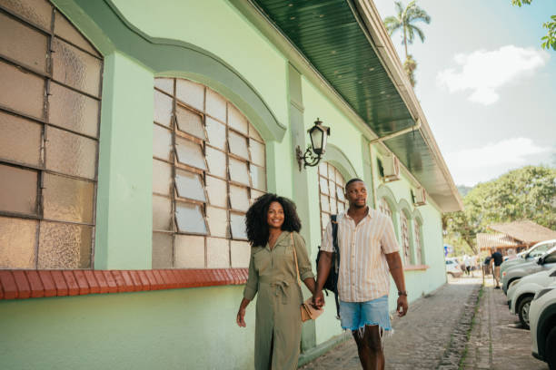 Couple strolling through the tourist town