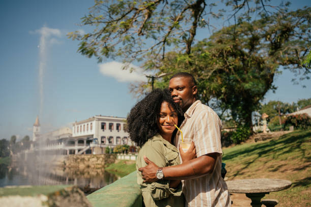 Couple strolling through the tourist town