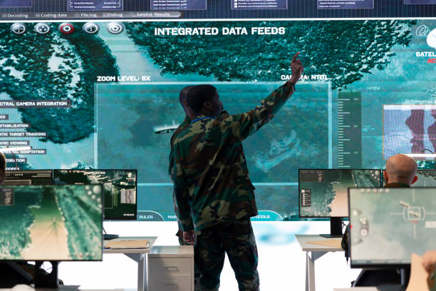 Infantry unit soldiers team studying satellite radar intelligence for a mission