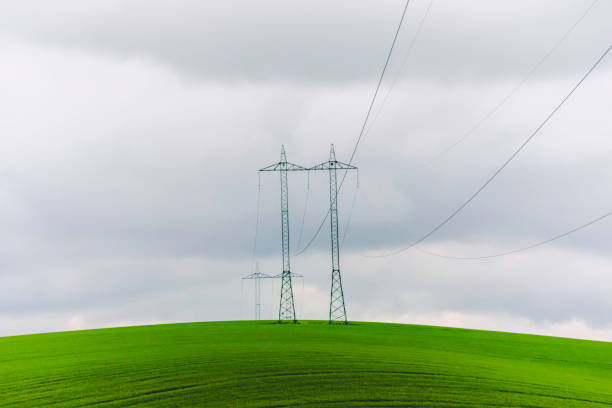 High-voltage powerlines stretch across green fields, gradually fading into the distance, creating an industrial landscape. Tall masts and transmission towers dominate the scene under a dramatic cloudscape at dusk, with dark weather adding a moody atmosphere to the image.