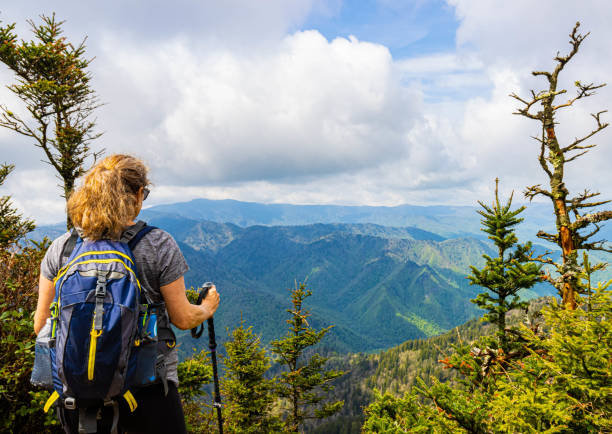 Female Hiker Enjoying View From Cliff Top Viewpoint on Mt. LeConte