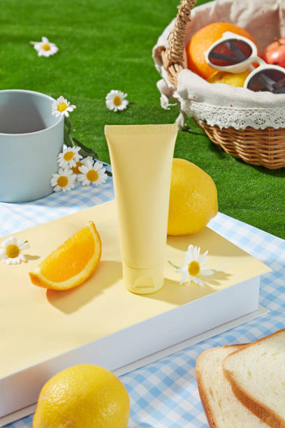 istock Outside picnic activity landscape, green grass containing a blue carpet with a yellow book, sandwich, citrus fruits and an empty label cosmetic tube in yellow color. High angle view, space for text 2157511159