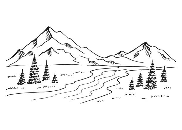 Landscape with mountains and forest. Hand drawn vector illustration.