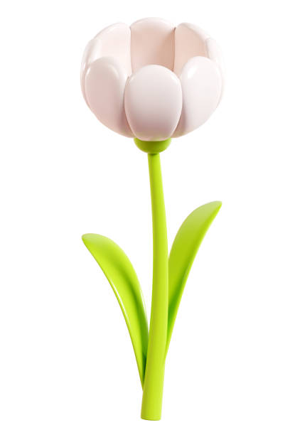Daisy plastic flower with white petals, green stem and leaf. Cartoon icon 3d render illustration. Cute chamomile bubble bloom for spring and summer design. Glossy balloon blossom floral element.