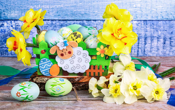 Easter basket with Easter eggs, daffodils and decor of yellow, green, blue colors. Happy Easter concept.