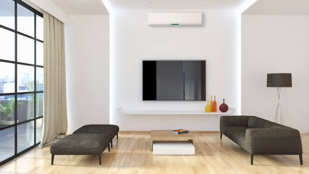 istock modern bright interiors room with air conditioning and remote control illustration 3D rendering 2157531900