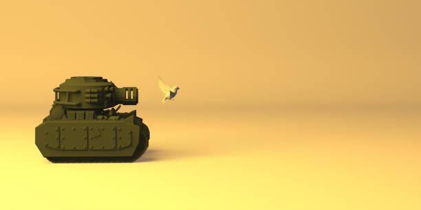 No war. Tank shooting a dove of peace. 3D illustration. Copy space.