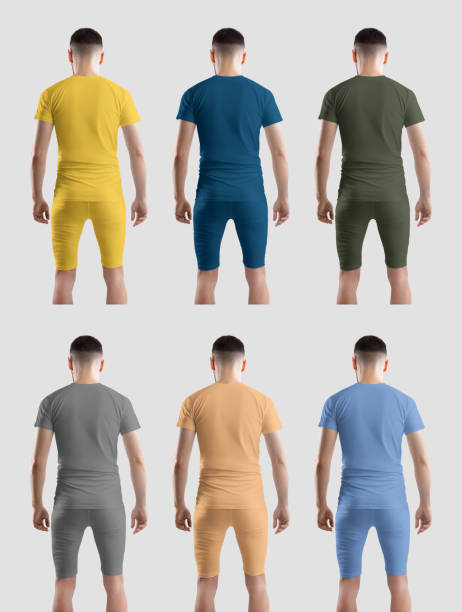 istock Template of colorful compression suit on athletic man, training clothes, back view, isolated on background, set 2157533729