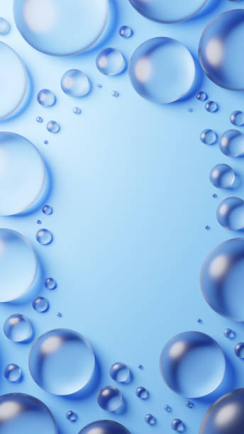 istock 3D Illustration.Multiple clear round glasses on light blue background. Overhead view. Copy space. (Vertical) 2157535887