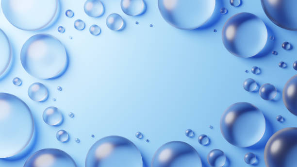 istock 3D Illustration.Multiple clear round glasses on light blue background. Overhead view. Copy space. (Horizontal) 2157535888