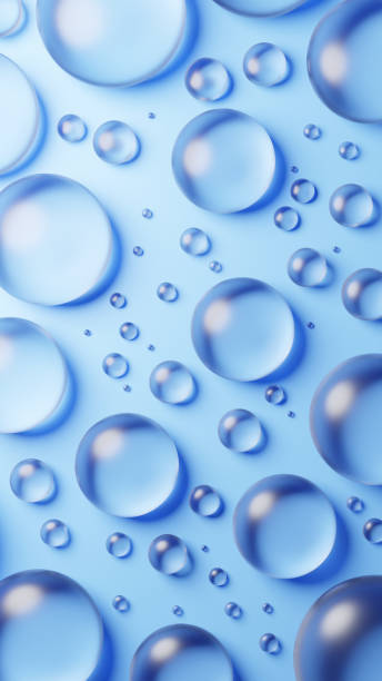 istock 3D Illustration.Multiple clear round glasses on light blue background. Overhead view. (Vertical) 2157535889